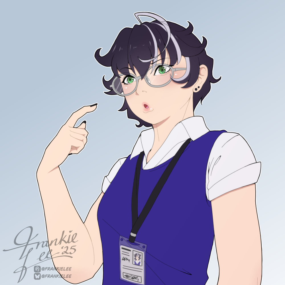 Frankie points to themself with a look of mild confusion and irritation.