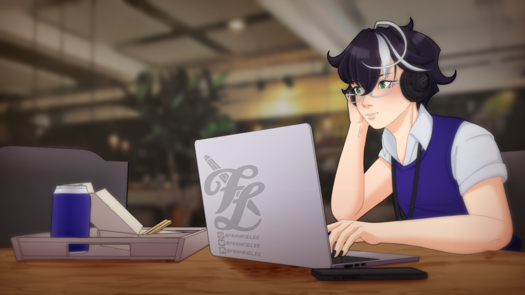 A digital art piece of Frankie seated at a cafe working on a laptop, their lunch tray with their finished lunch pushed aside. He's leaned in, listening intently to their headphones.