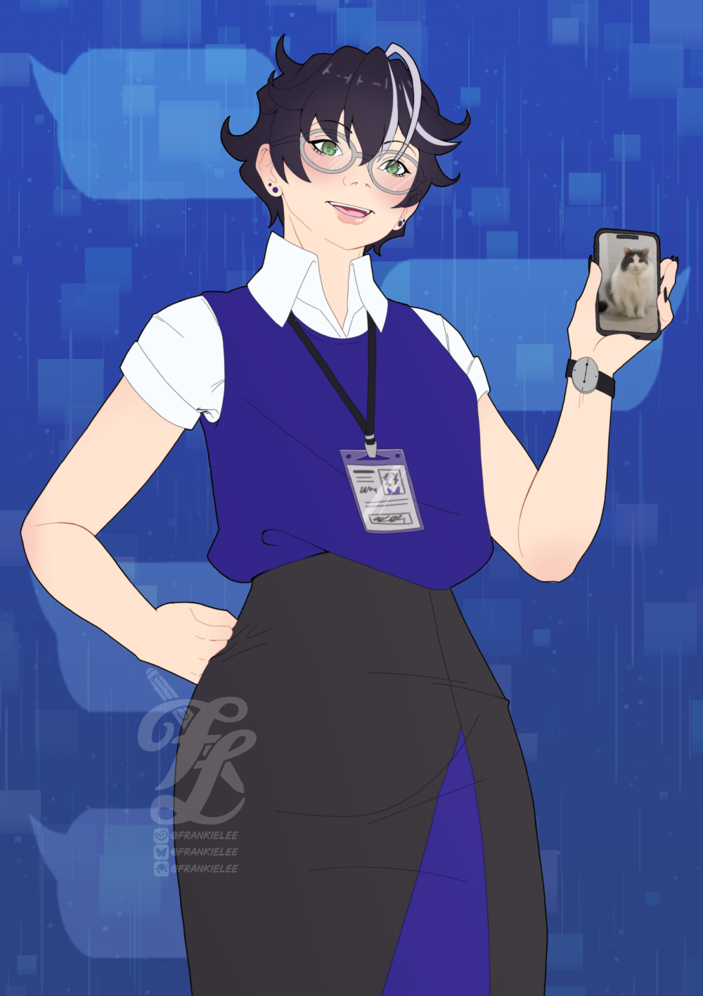 Digital art of Frankie Lee, a pale office worker with short dark hair with grey streaks, green eyes, glasses, and an office lanyard. Wearing a short sleeve button shirt, blue vest, and pencil skirt. They're holding out a phone, with their hand on his hip, smiling wide. The phone has a lock screen with a very fluffy white and grey cat.