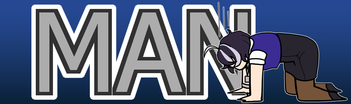 Frankie is despairing on all fours with the giant text MAN in the background.