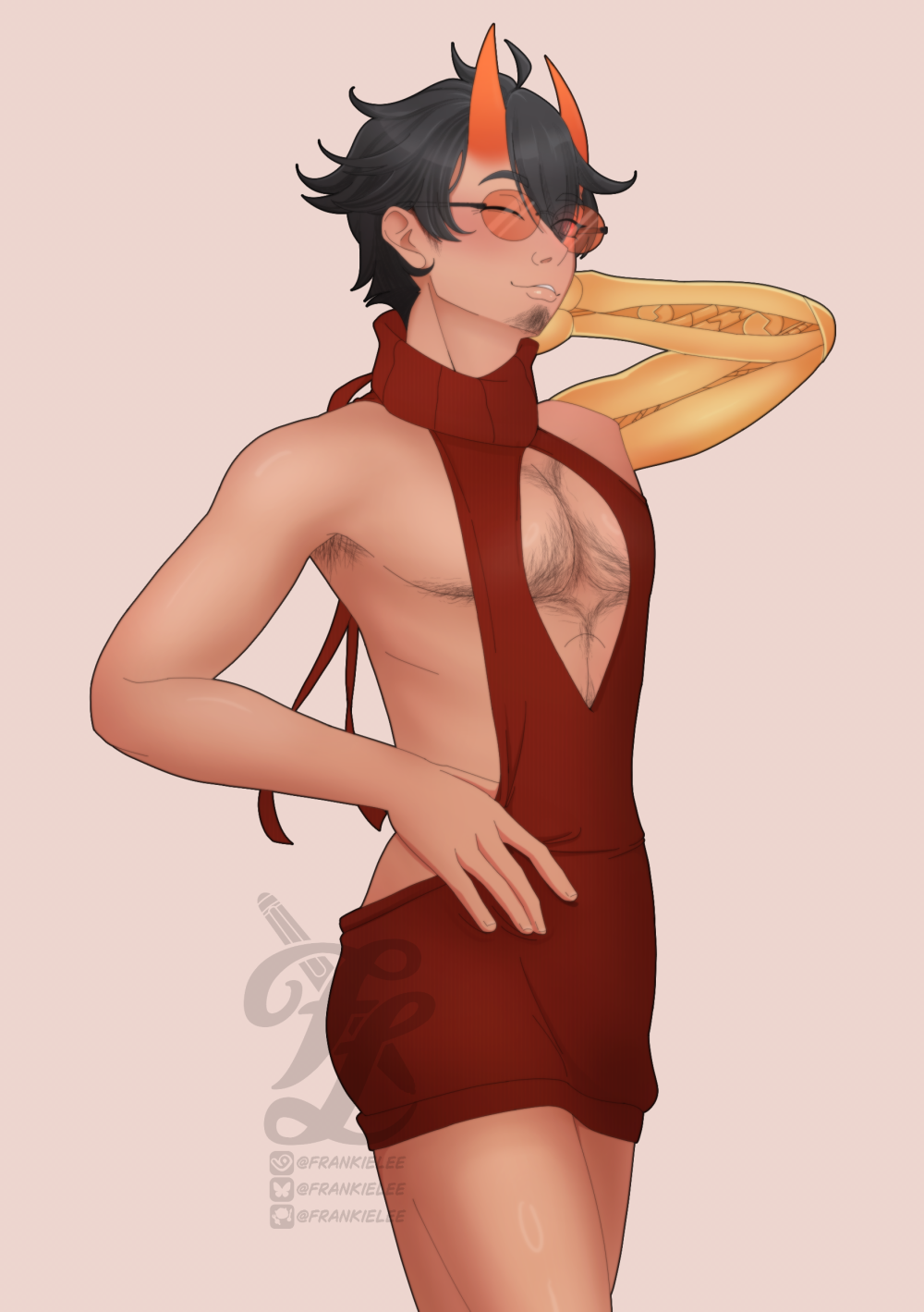 Digital fanart of MellamoBerny, a devil man vtuber. He's posed with a hand resting on his hip, thumb looped under the fabric of the red virgin killer sweater he is rocking. He winks to the audience. He has a golden robotic left arm and orange horns poking up and out of his dark hair. The sweater has an oval cutout revealing his pecs and chest hair.