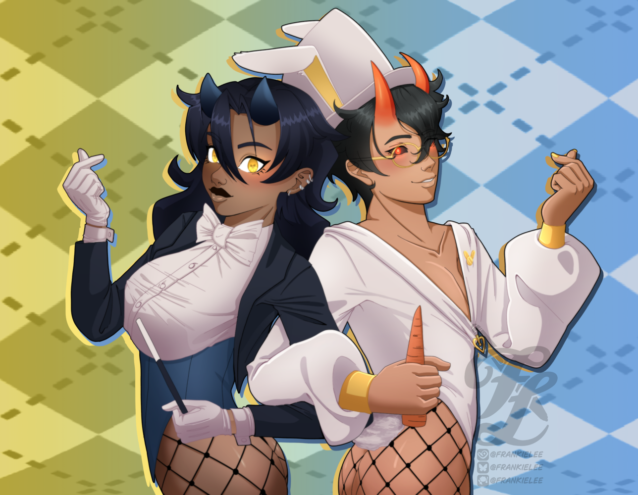Digital art of Chaos and Berny, they're both demon vtubers. They're back to back, arms hooked together with their free hands doing the Korean Finger heart pose. Chaos is wearing a sexy magicians outfit with a wand, while Berny wears a sexy bunny outfit with top hat and ears while holding a carrot.