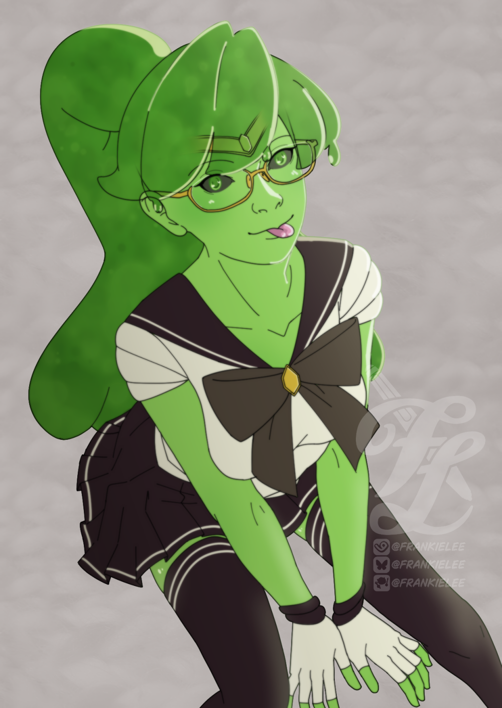 Digital art of MalleablePersona, a green slime vtuber. She wears a modified Sailor Scout uniform to match the colours of their vtuber model outfit. Their hair is tied back in a ponytail and gathers in thick globs and drips in certain places. Mal is seated looking up with a tongue poking out cutely.