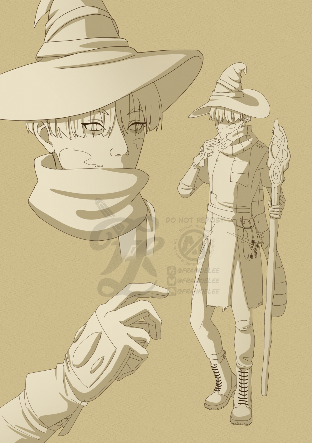 Digital sketch gijinka fanart of Spore. Spore is a druid Myconid, here he has been reinterpreted as a human with vitiligo, a bowl cut to evoke the mushroom head and wear similar to their original vtuber garb. He wears a long scarf around his neck that obscures his mouth, gloves with crystals embedded, and a wizardly hat. In the fullbody sketch he has dried herbs and plants hanging off his belt and patchworks on his clothes. He holds a wood staff with a crystal at the head. The page has a close up showing his tired eyes through his hair, a fullbody image, and a close up of the gloves with their crystals on the back of the hand.